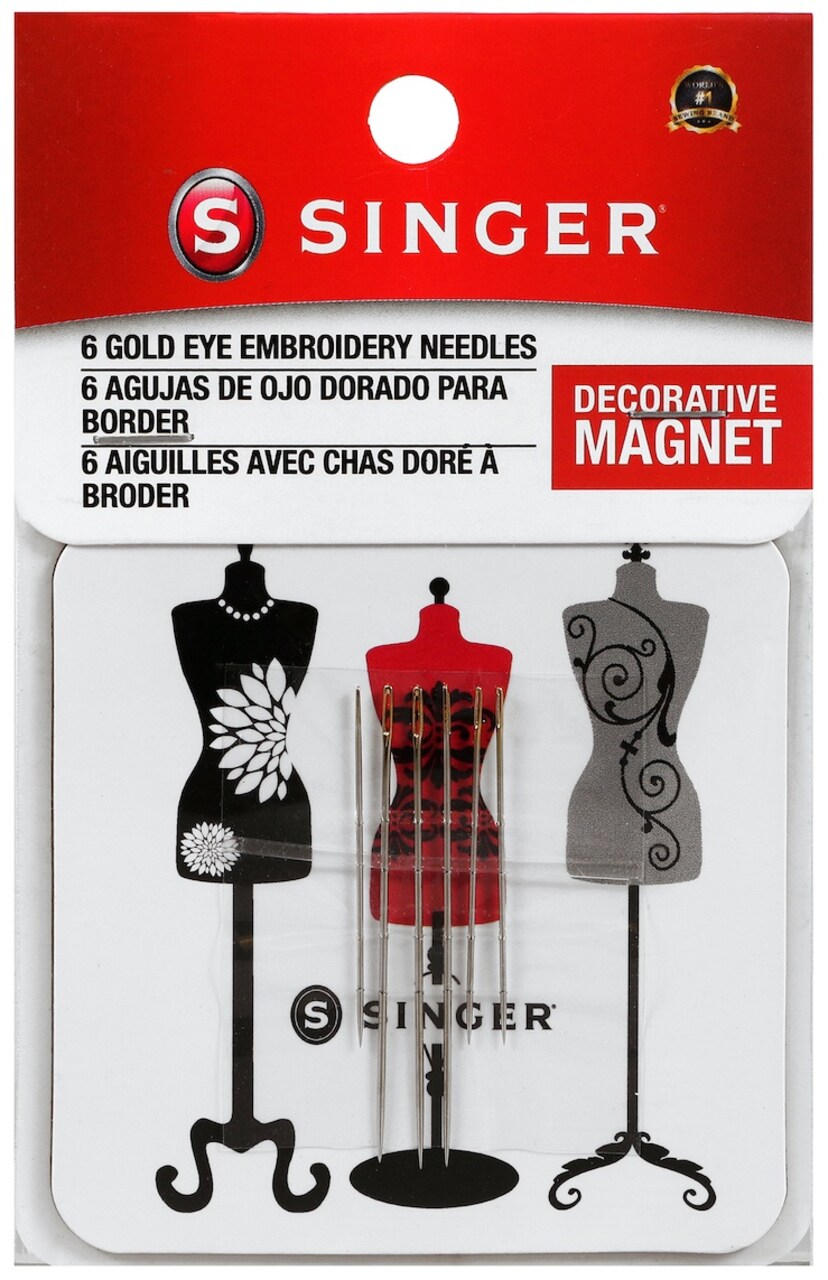 SINGER Gold Eye Embroidery Needles On Collectible Magnet-6/Pkg Dressform Magnet